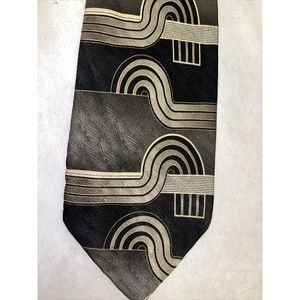 DiMoggio Mens Necktie Tie  Black Gray Gold Cream Geometric Silk Hand Made Vintge
